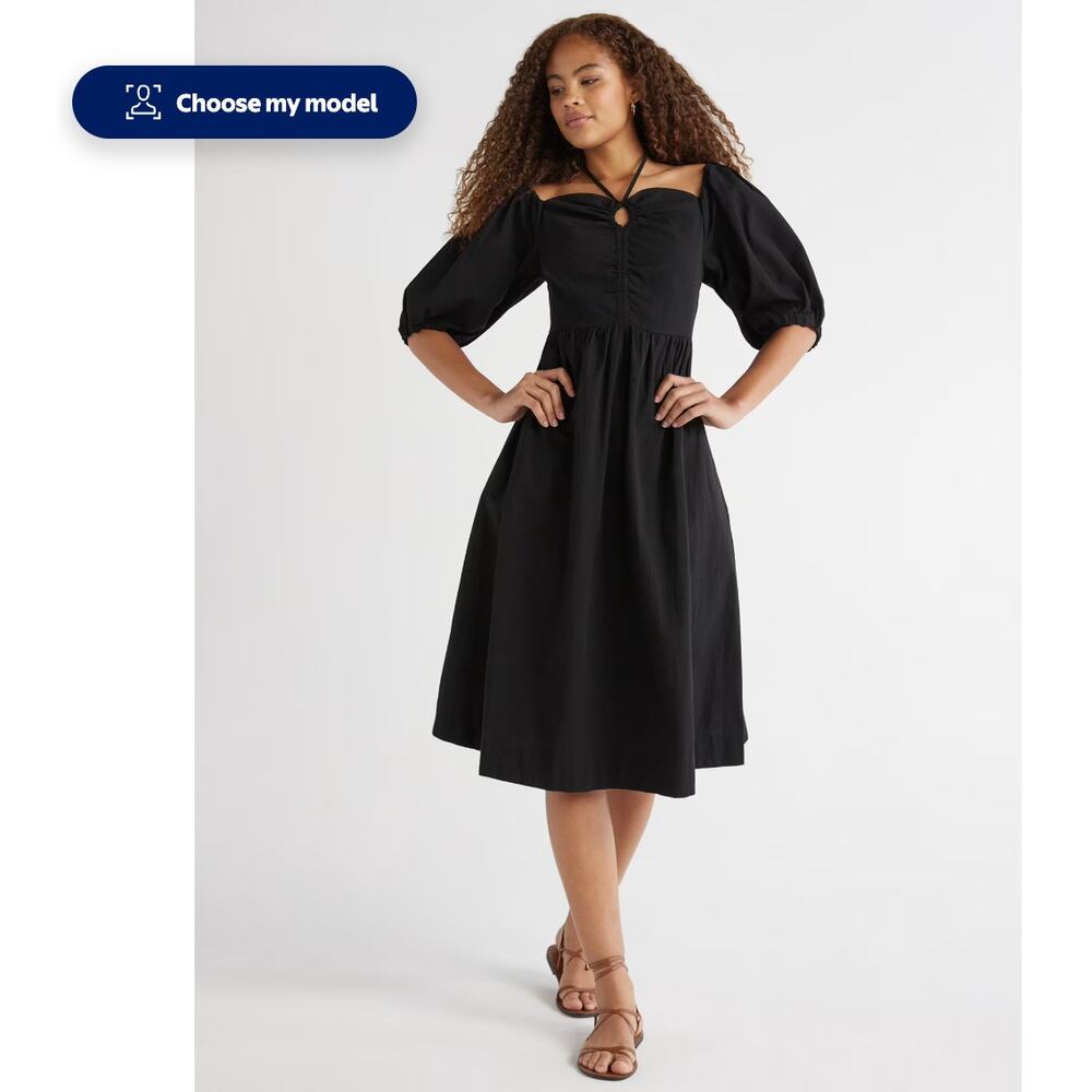 Free Assembly Women's Ruched Halter Dress with Puff Sleeve Size M